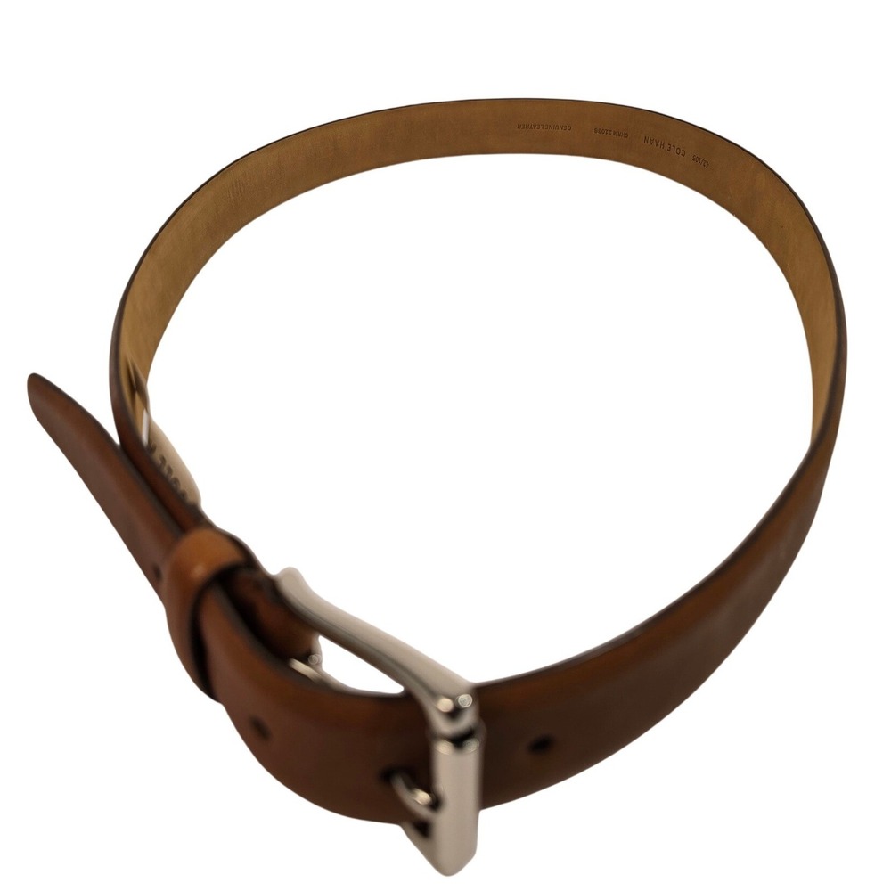 New Cole Haan Mens Brown Genuine Leather Dress Belt Silver Buckle Size 42